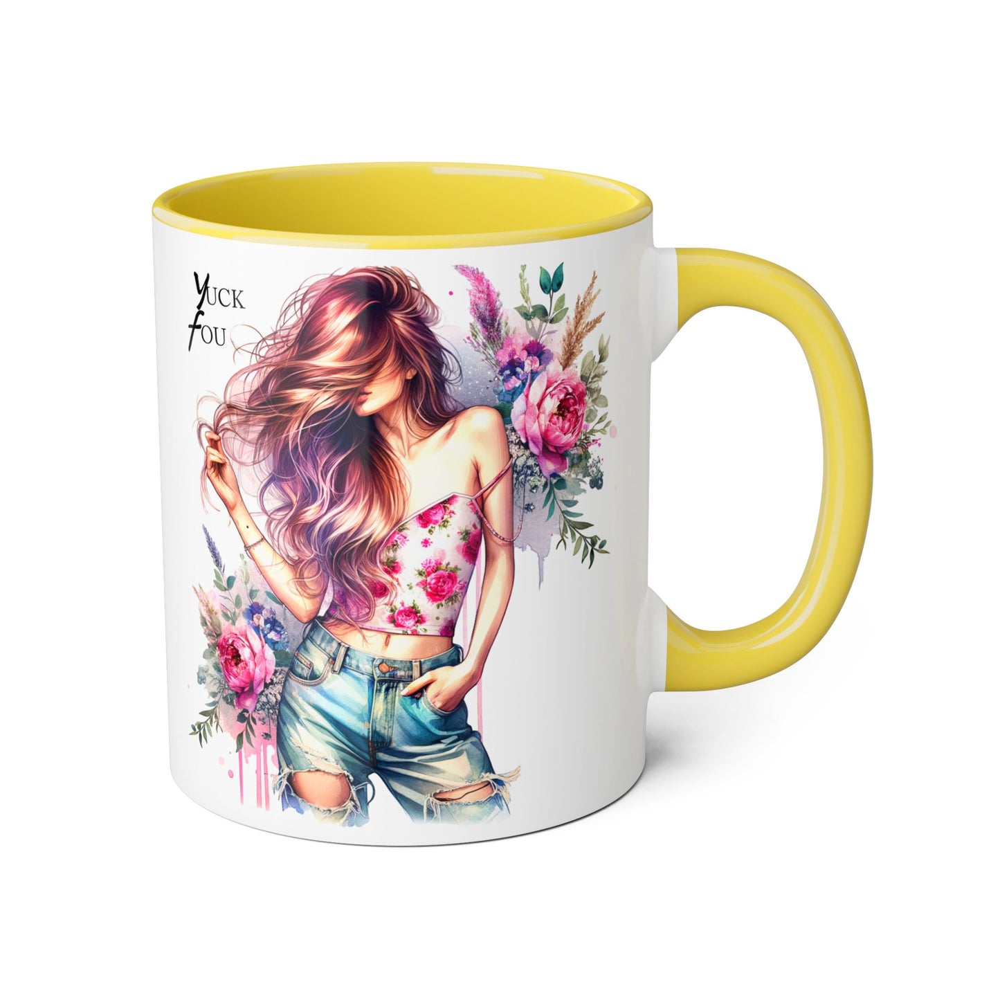 Yuck Fou Stylish Flower Girl Mug, Floral Coffee Cup, Boho Drinkware, Gift for Her, Artful Tea Mug