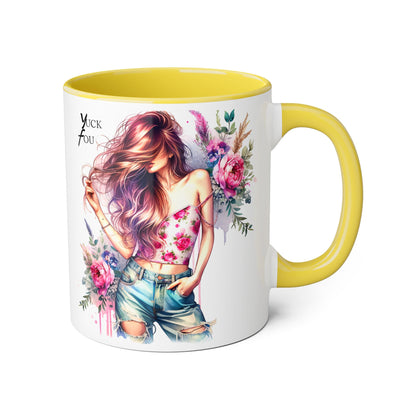 Yuck Fou Stylish Flower Girl Mug, Floral Coffee Cup, Boho Drinkware, Gift for Her, Artful Tea Mug
