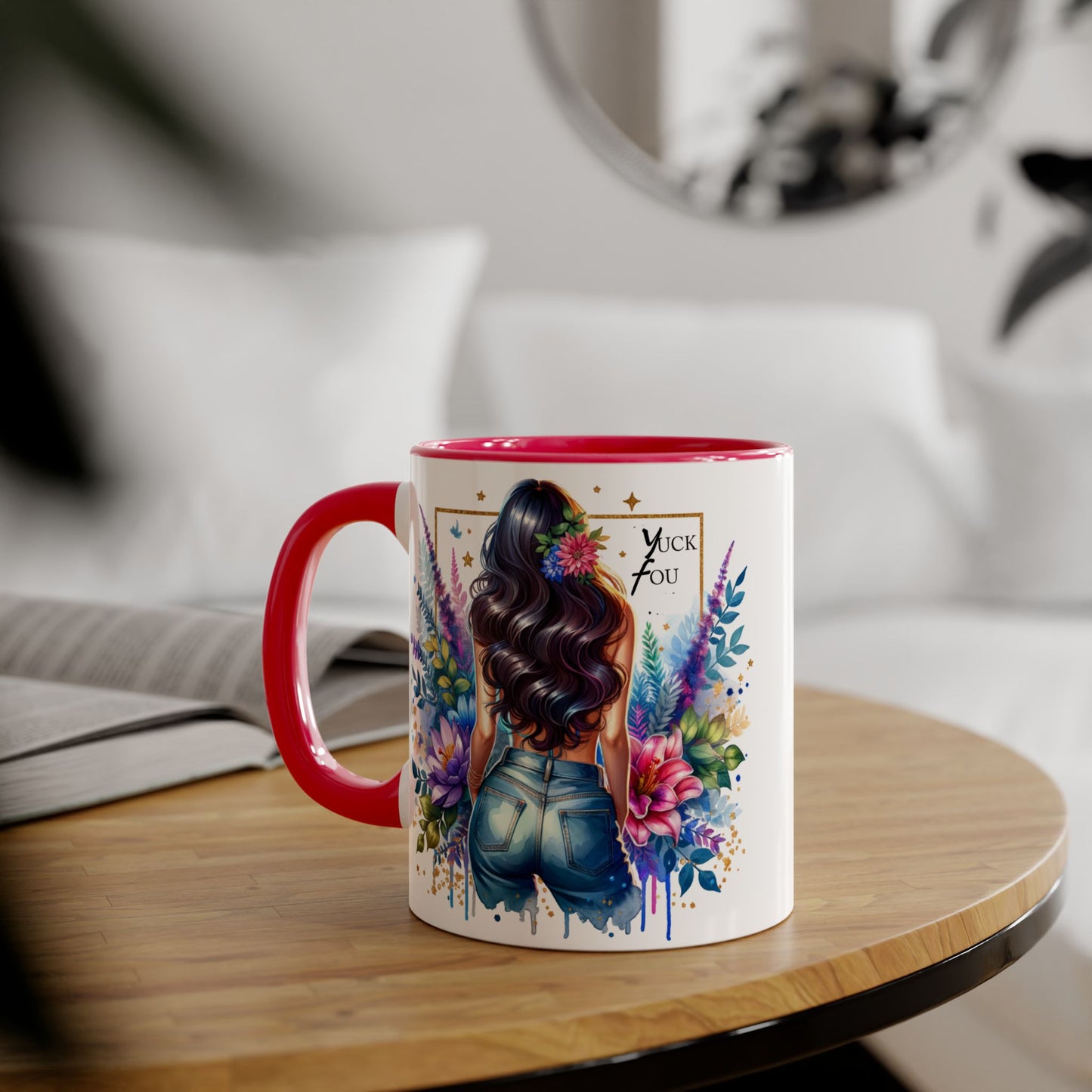 Yuck Fou Bohemian Floral Accent Mug, 11oz, Artistic Coffee Cup, Gift for Her, Stylish Drinkware, Home Decor, Unique Kitchen Accessories