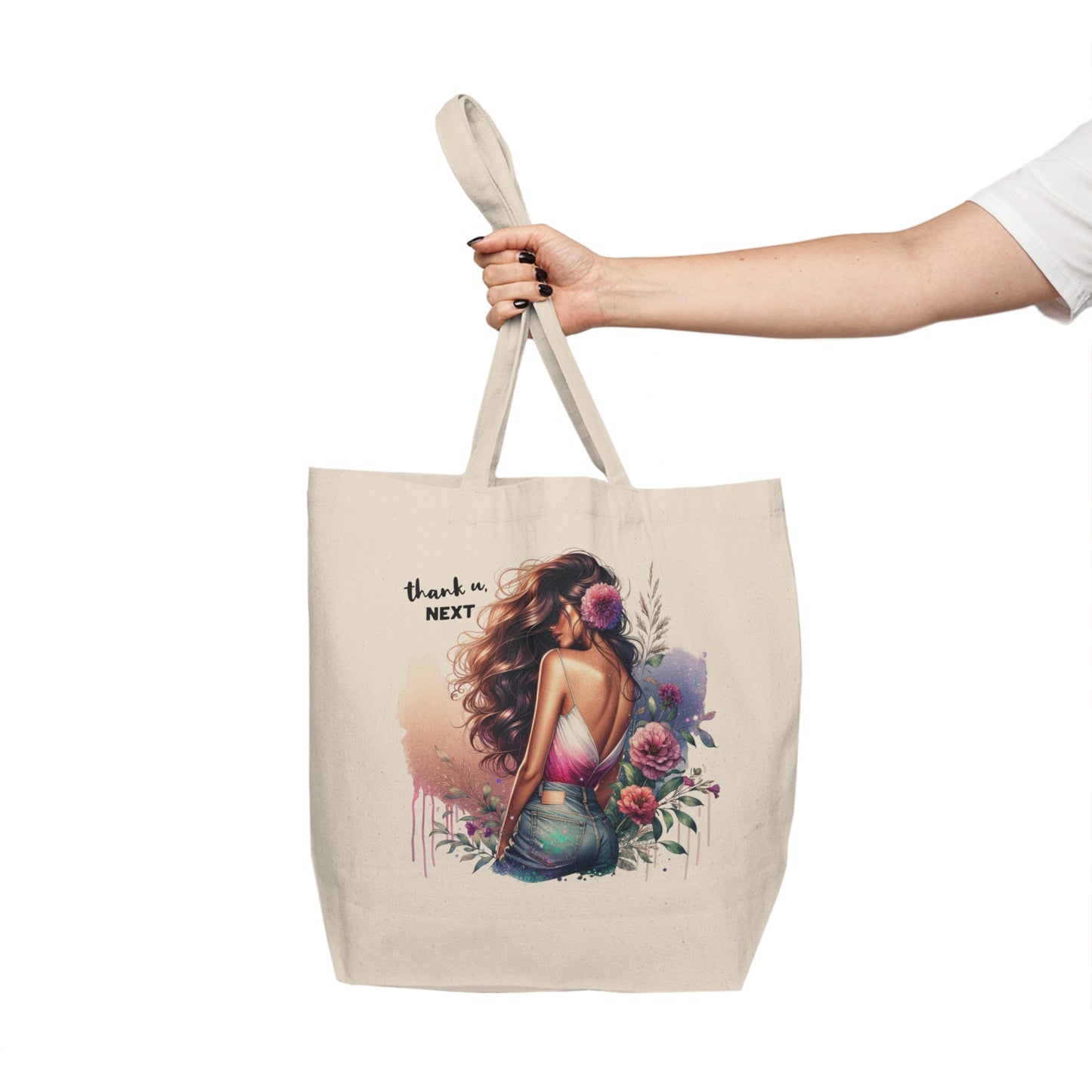 Thank U, Next Stylish Canvas Tote Bag with Floral Design, Chic Shopper, Eco-Friendly Grocery Bag, Gift for Her, Beach Bag, Sustainable Fashion