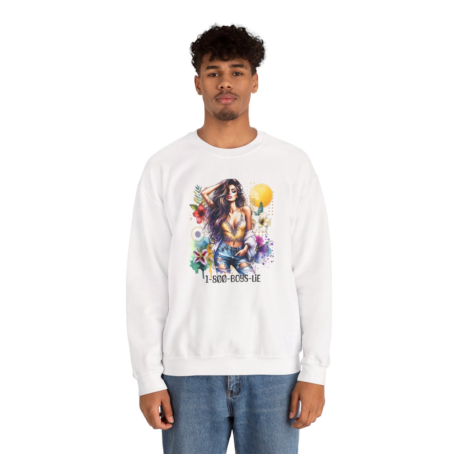 1-800-Boys-Lie Boho Chic Crewneck Sweatshirt with Floral Design, Unisex Gift, Self-Love Apparel, Cozy Casual Wear, Perfect for Relaxation