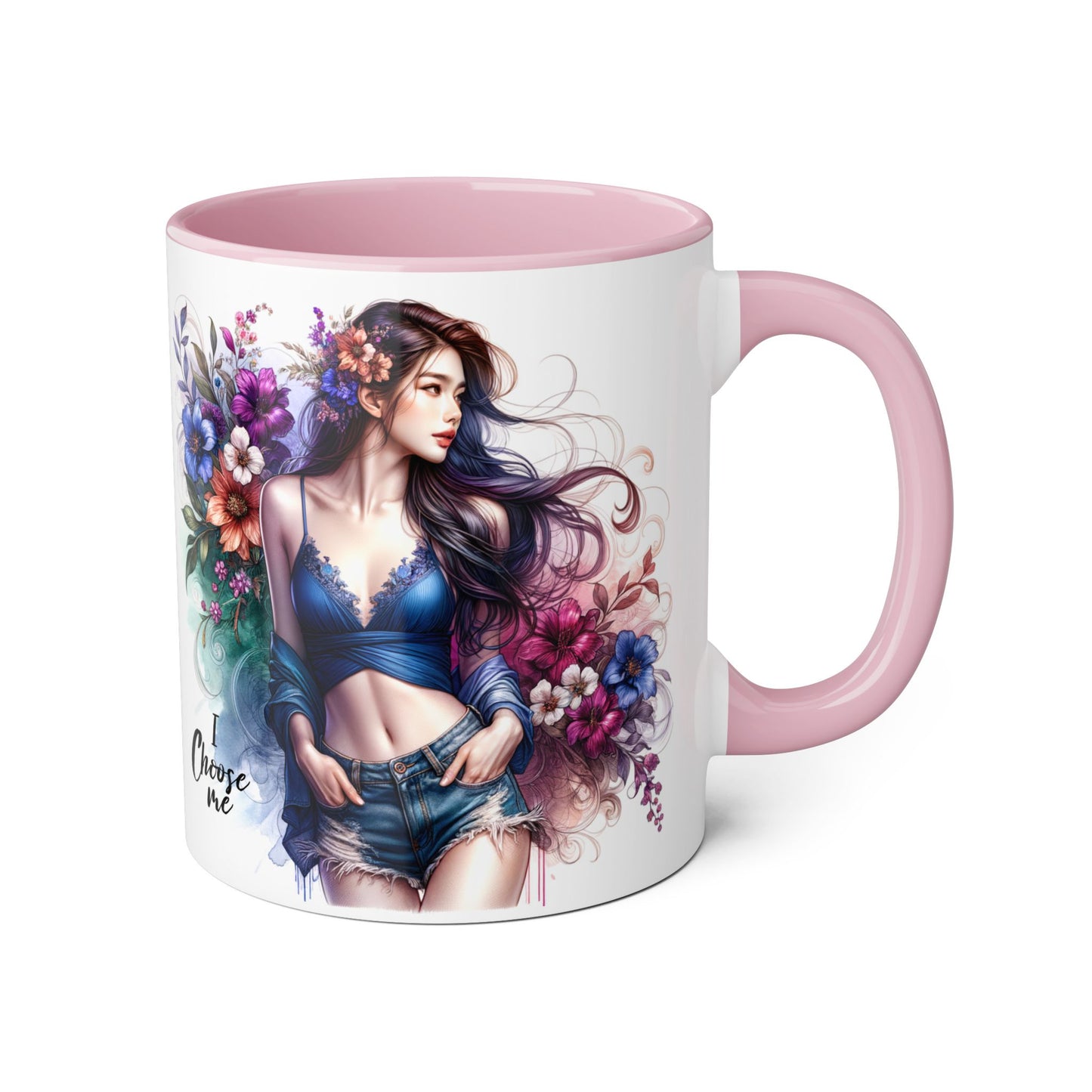 Floral Accent Mug, I Choose Me Design, Artistic Coffee Cup, Gift for Her, Home Décor, Tea Lover’s Essential