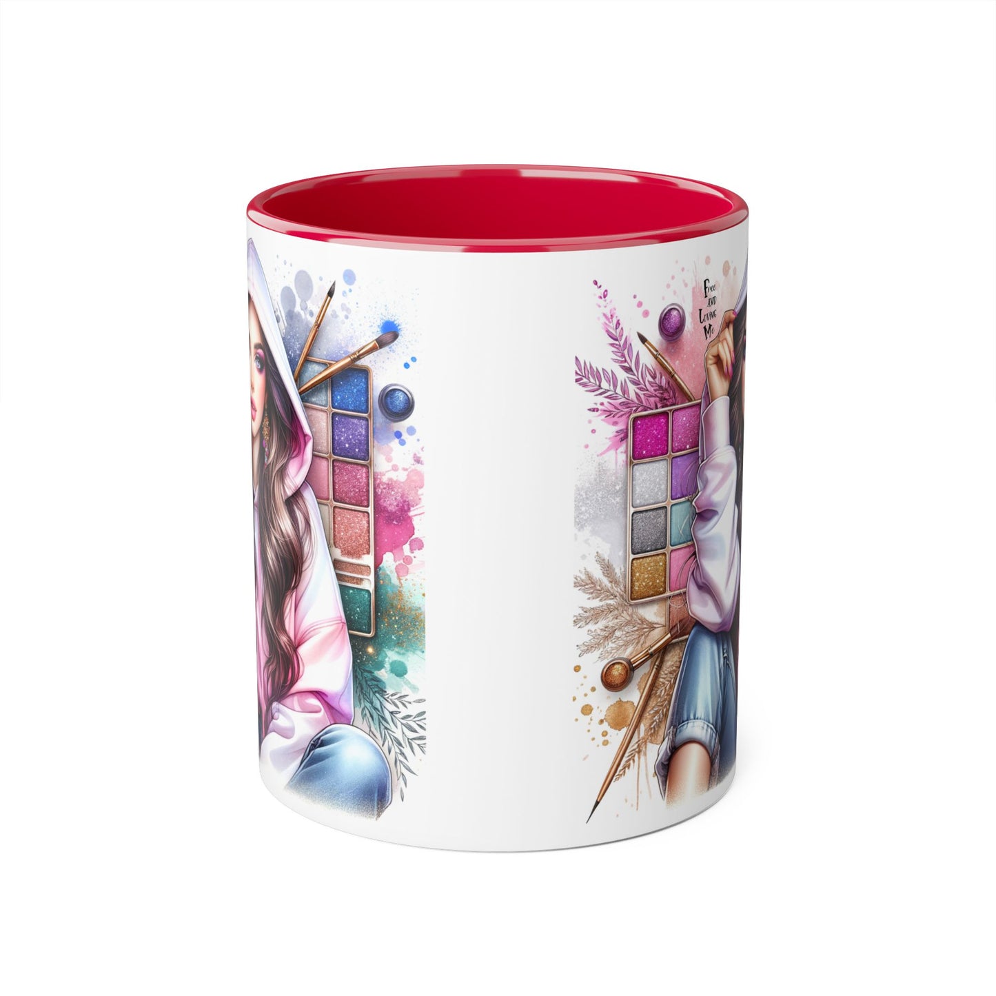Free and Loving Me Artistic Accent Mugs, Fashionista Gift, Makeup Artist Coffee Cup, Unique Artistic Mug, Stylish Beverage Container, Creative Decor