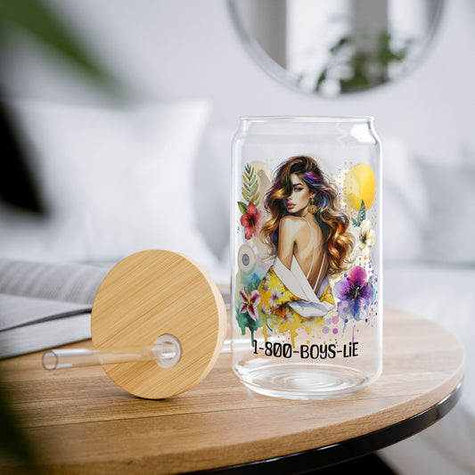 1-800-Boys-Lie Floral Sipper Glass, Vibrant Drinkware for Boss Babes, 16oz Stylish Water Bottle, Gift for Her, Home or Office Decor