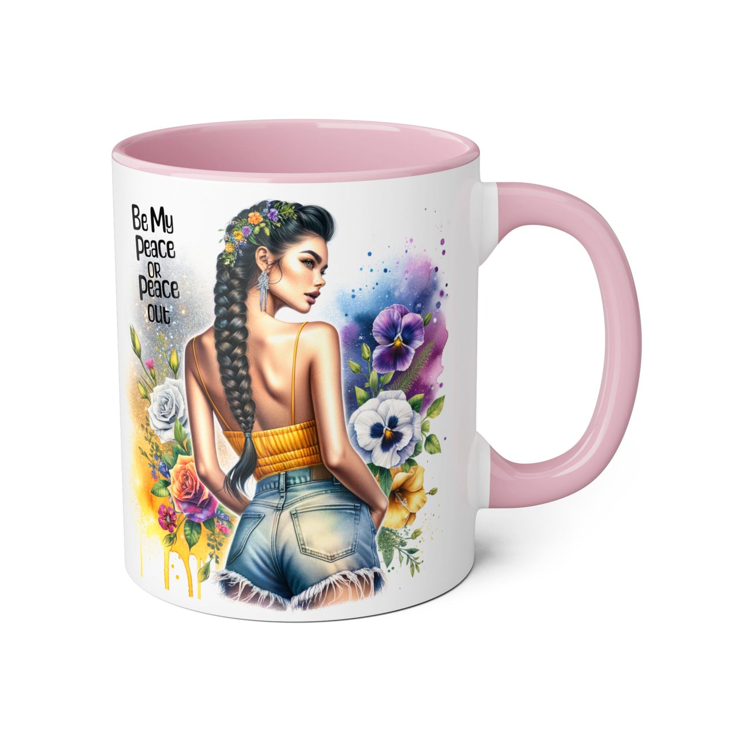Artistic Black Handle Mug with Inspirational Message, Be My Peace or Peace Out, Unique Gift for Coffee Lovers, Colorful Floral Design, [...]