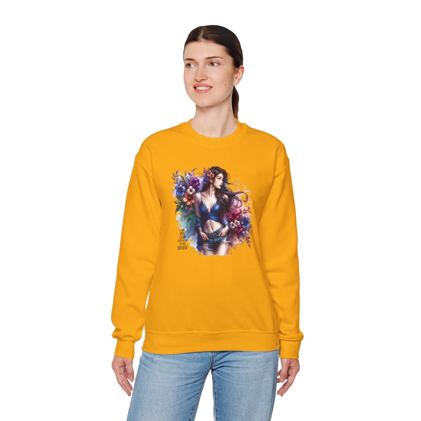 I Am My Own Happily Ever After  Floral Goddess Sweatshirt | Cozy Unisex Crewneck | Perfect Gift for Fall/Winter, Artistic Apparel, Wall Art Sweatshirt, Everyday Wear