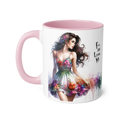 Floral Art Inspirational Coffee Mug, Free and Loving Me, Gift for Her, Colorful Drinkware, Boho Mug, Artistic Tea Cup