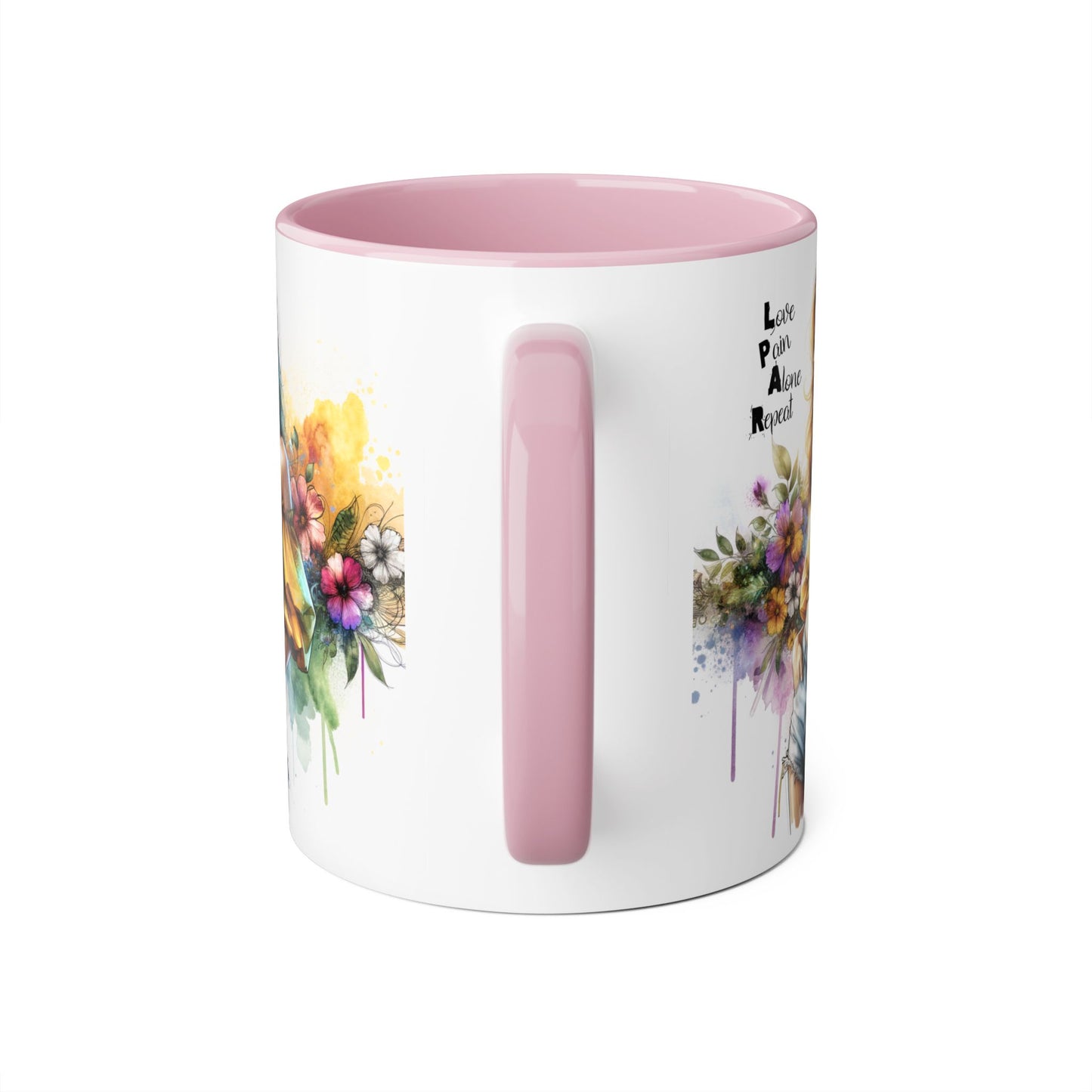 Colorful Floral Accent Mug - Love, Pain, Alone, Repeat Drinkware, Boho Coffee Cup, Gift for Her, Inspirational Mug