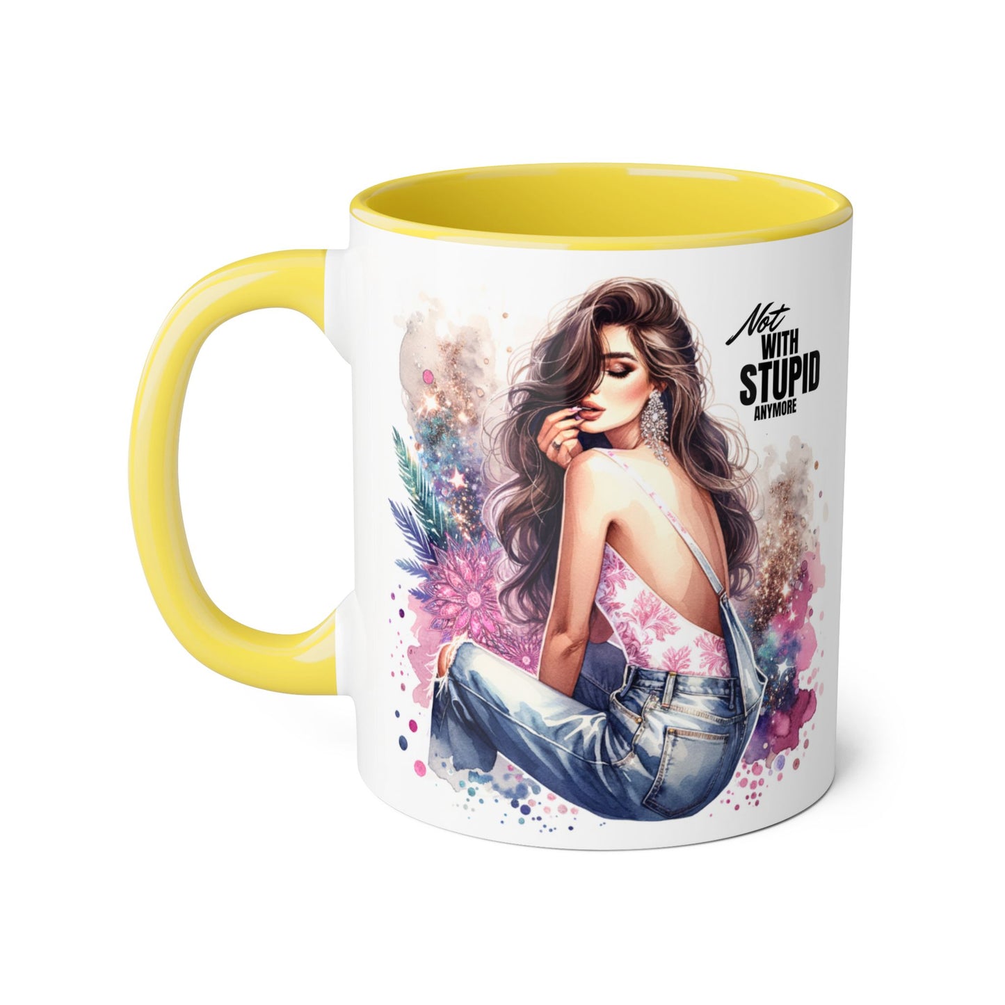 Not With Stupid Anymore Humoristic Stylish Accent Mug - Not With Stupid, Gift for Coffee Lovers, Unique Coffee Mug, Floral Design, Funny Mug for Friends, Sassy Gift