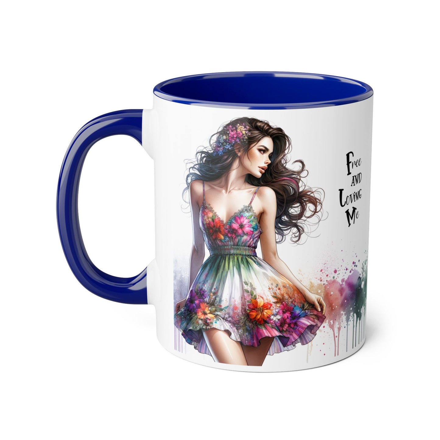 Floral Art Inspirational Coffee Mug, Free and Loving Me, Gift for Her, Colorful Drinkware, Boho Mug, Artistic Tea Cup