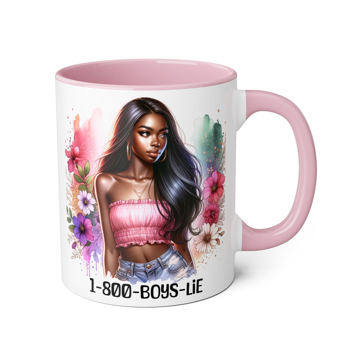 1-800-BOYS-LIE Stylish Floral Accent Mug, 11oz Coffee Mug, Gift for Her, Trendy Drinkware, Unique Birthday Present, Coffee Lover's Companion