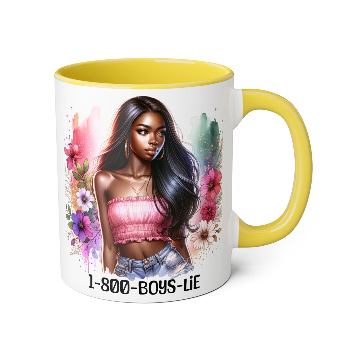 1-800-BOYS-LIE Stylish Floral Accent Mug, 11oz Coffee Mug, Gift for Her, Trendy Drinkware, Unique Birthday Present, Coffee Lover's Companion
