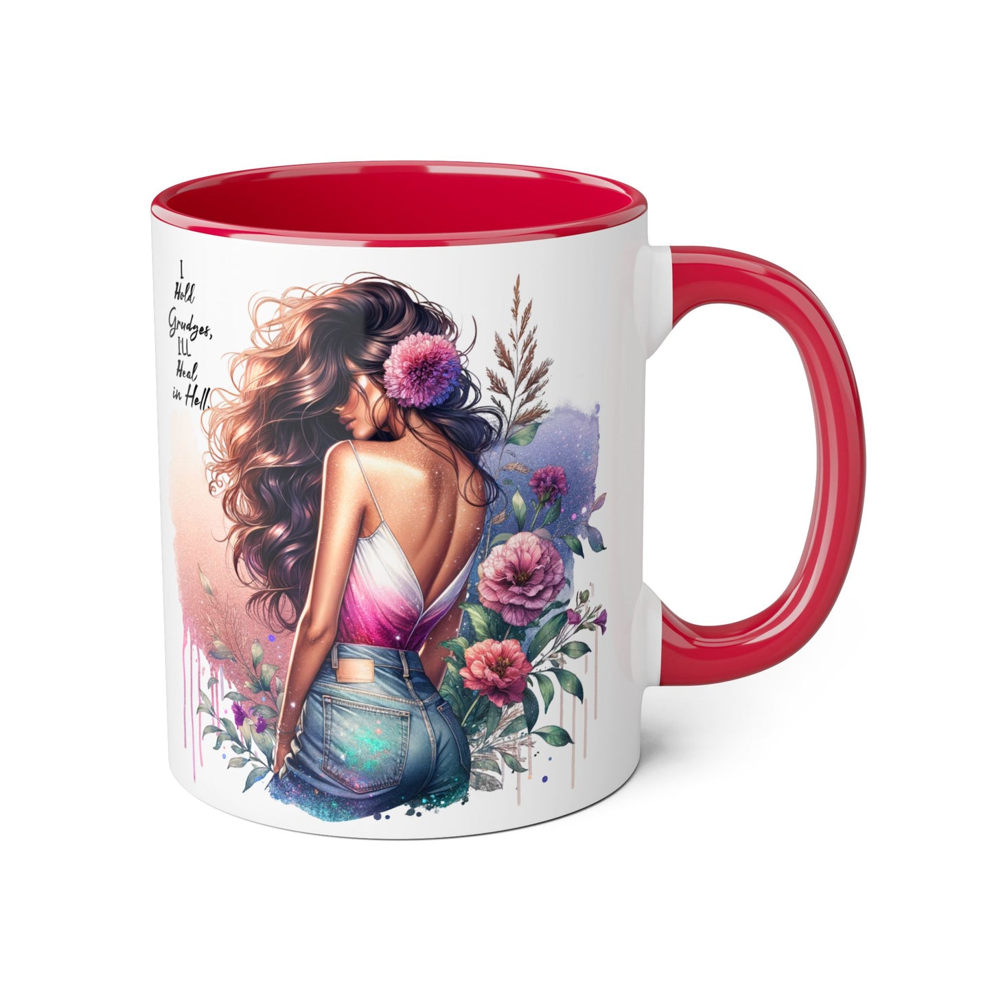 I Hold Grudges, I'll Heal in Hell  Humoristic Floral Accent Mug with Inspirational Quote, Coffee Cup, Gift for Friends, Home Decor, Motivational Mug