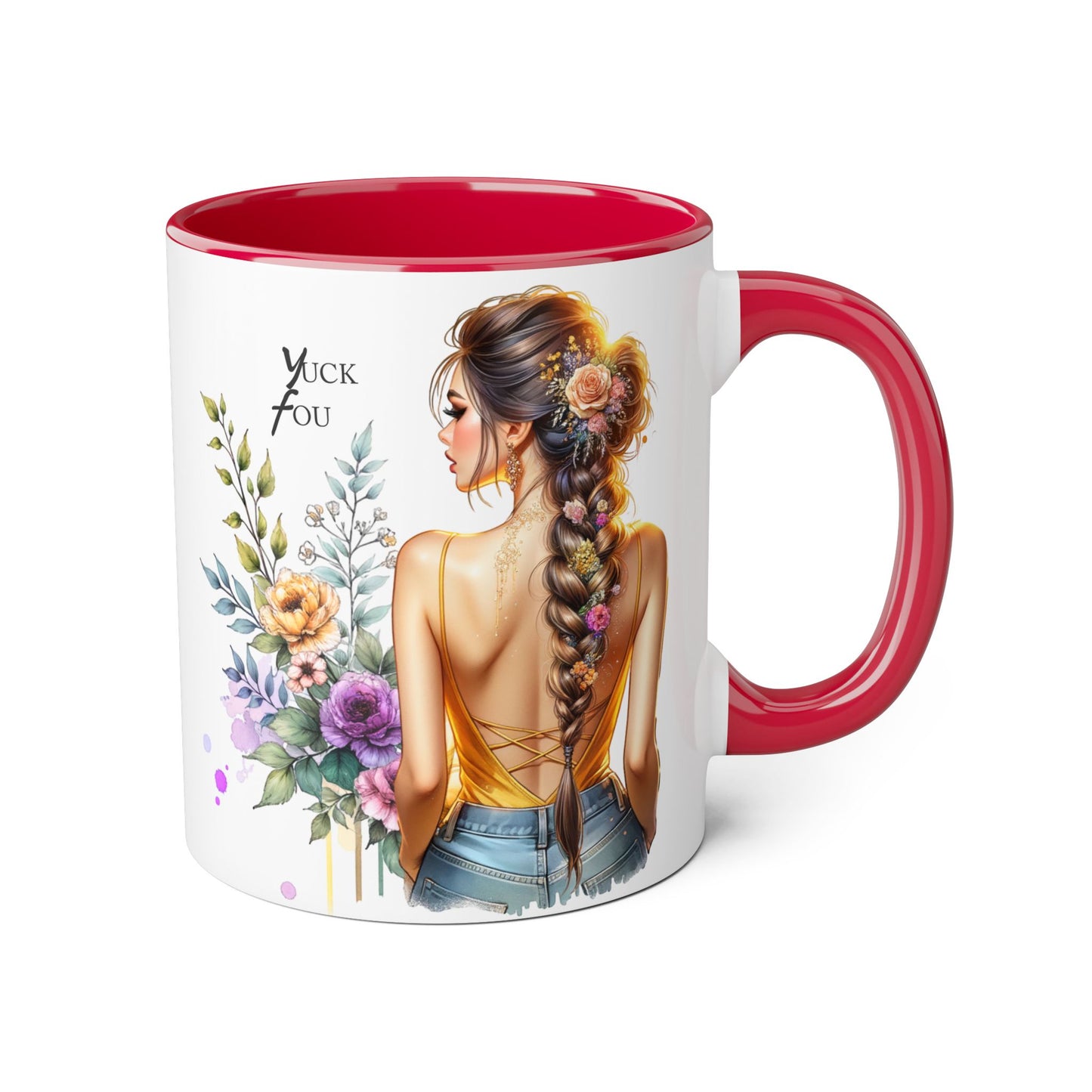 Yuck Fou Stylish Flower Girl Accent Mug, 11oz Coffee Cup, Unique Gift, Home Decor, Floral Mug for Friends, Mothers Day, Inspirational Quotes