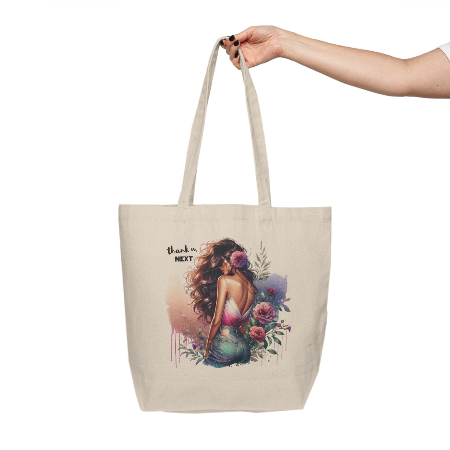 Thank U, Next Stylish Canvas Tote Bag with Floral Design, Chic Shopper, Eco-Friendly Grocery Bag, Gift for Her, Beach Bag, Sustainable Fashion