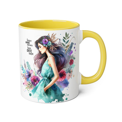 I Don't Make Mistakes, I Date Them Watercolor Floral Accent Mugs, Inspirational Coffee Cup for Nature Lovers, Gift for Her, Self-Care, Boho Style
