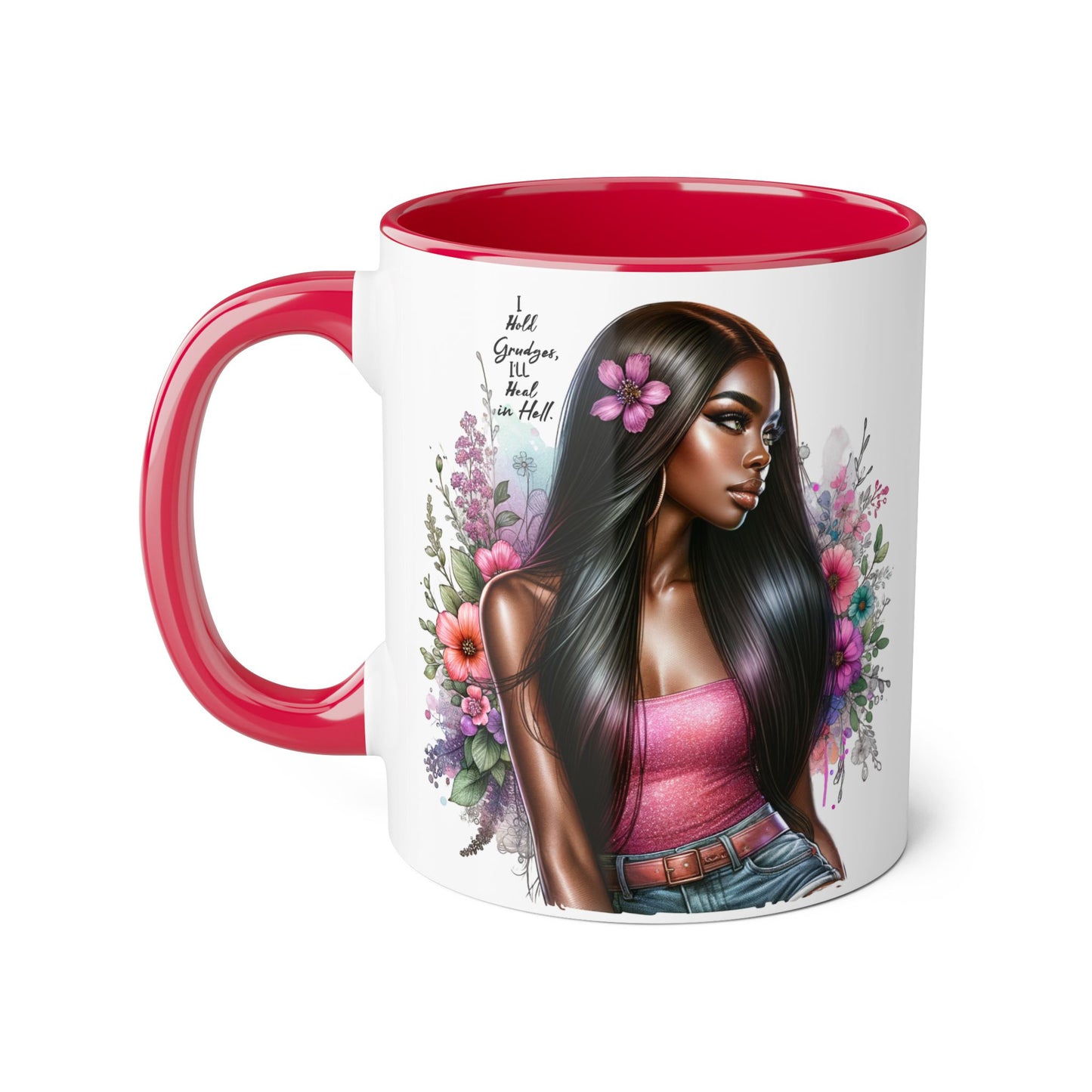 I Hold Grudges, I'll Heal in Hell  Humoristic Floral Portrait Coffee Mug - Perfect Gift for Her, Stylish Home Decor, Inspirational Quote, Unique Tea Cup, Birthday Treat