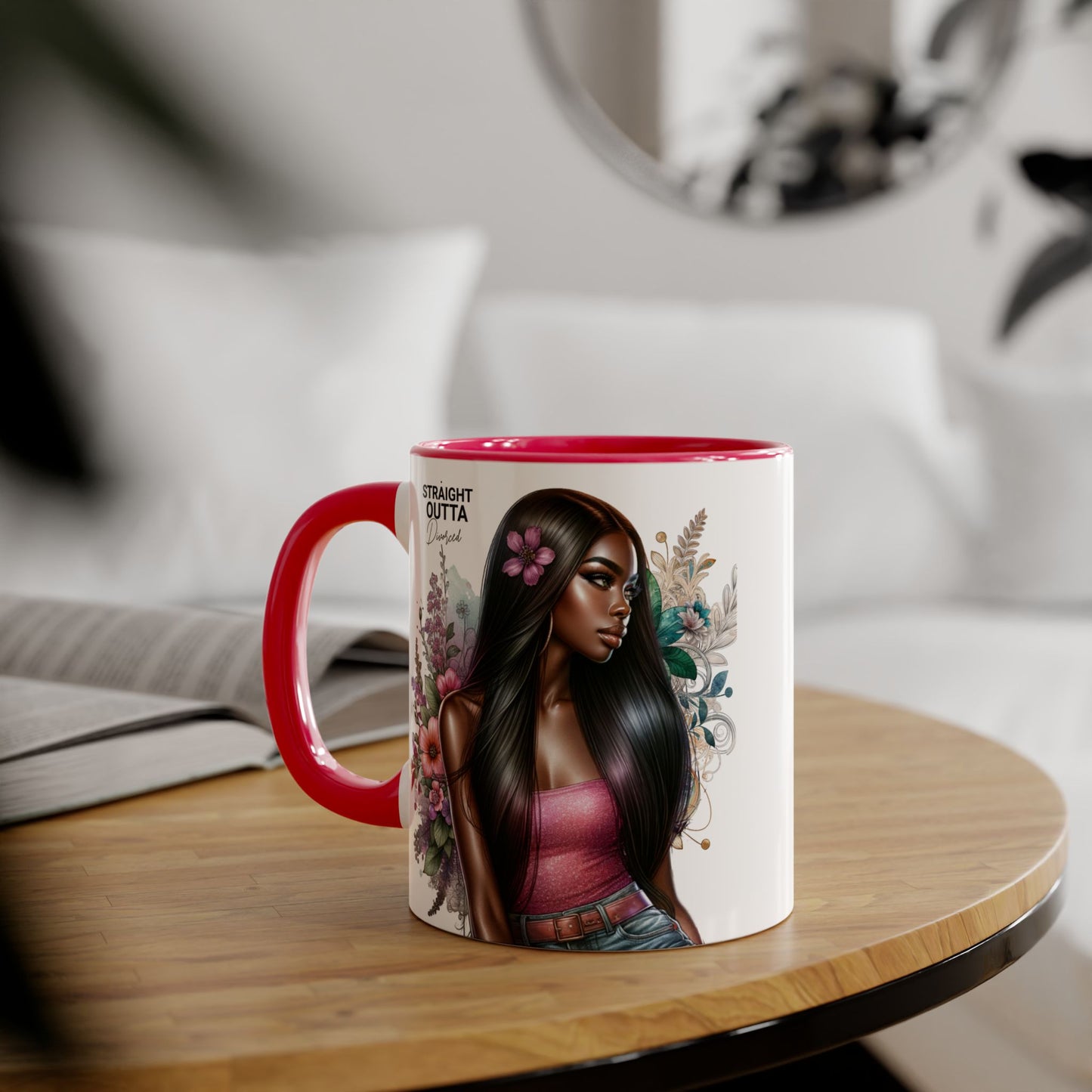 Straight Outta Divorced Humoristic Vibrant Statement Mug, Black Handle Coffee Cup, Floral Art Beverage Mug, Gift for Her, Inspirational Drinkware, Birthday Mug