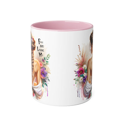 Bohemian Floral Accent Mug, Free and Loving Me Coffee Cup, Gifts for Her, Birthday, Inspirational Drinkware, Home Decor