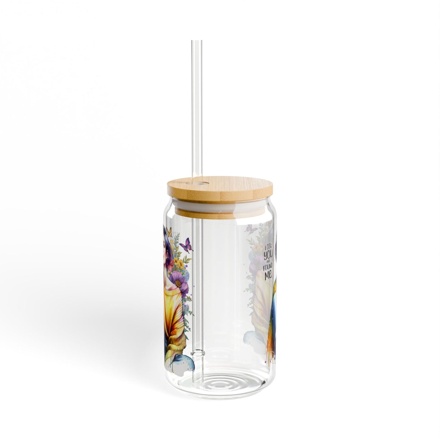 Lost You and Found Me Artistic Sipper Glass, 16oz - Floral Design Drinkware, Unique Gift for Her, Eco-Friendly Cup, Summer Beverage Glass