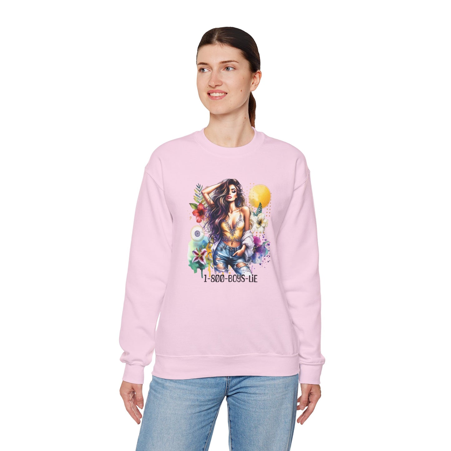 1-800-Boys-Lie Boho Chic Crewneck Sweatshirt with Floral Design, Unisex Gift, Self-Love Apparel, Cozy Casual Wear, Perfect for Relaxation