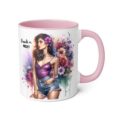 Thank U, Next Floral Accent Coffee Mug with Inspirational Quote, Gift for Her, Tea Mug for Friends, Home Decor, Birthday Present