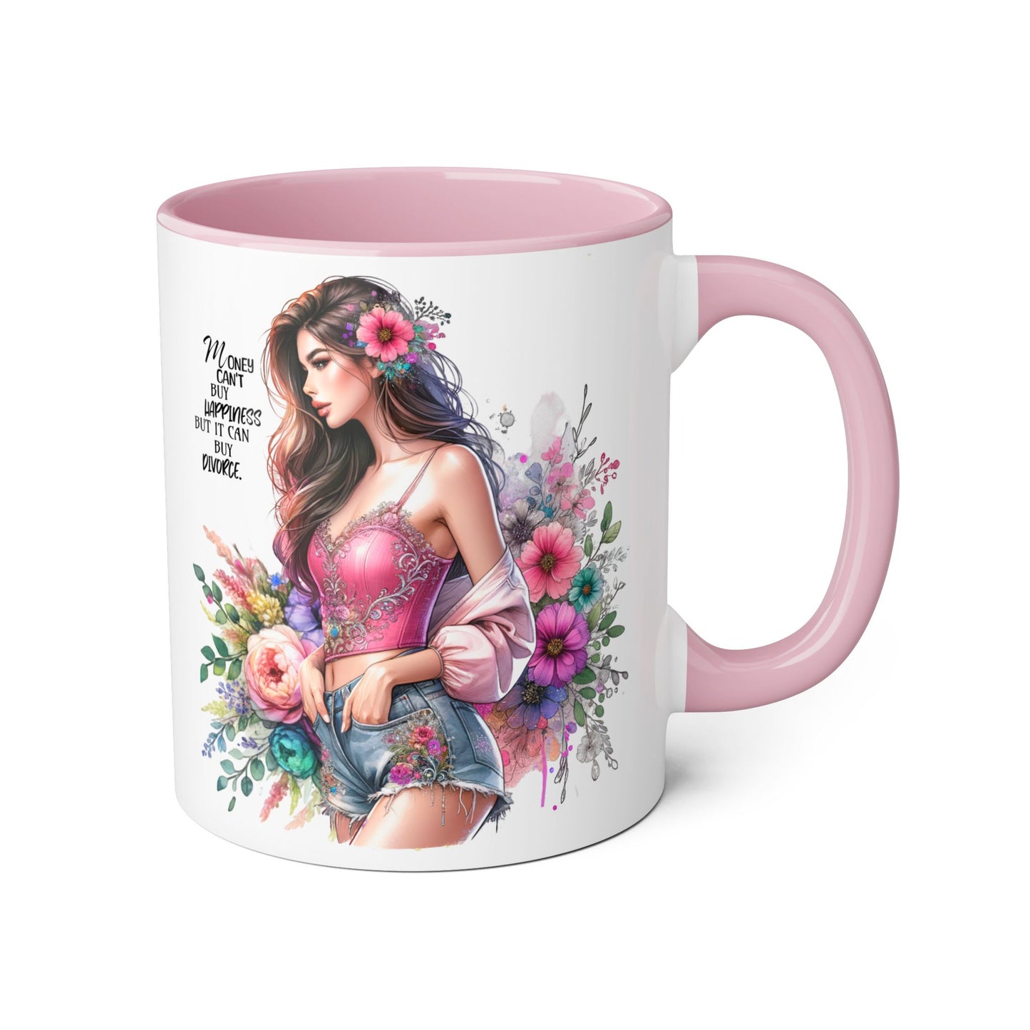 Money Can't Buy Happiness But It Can Buy Divorce Humoristic Floral Inspirational Mug, Gift for Friends, Coffee Cup, Tea Lover, Flower Design, Motivational Quote, Birthday Gift