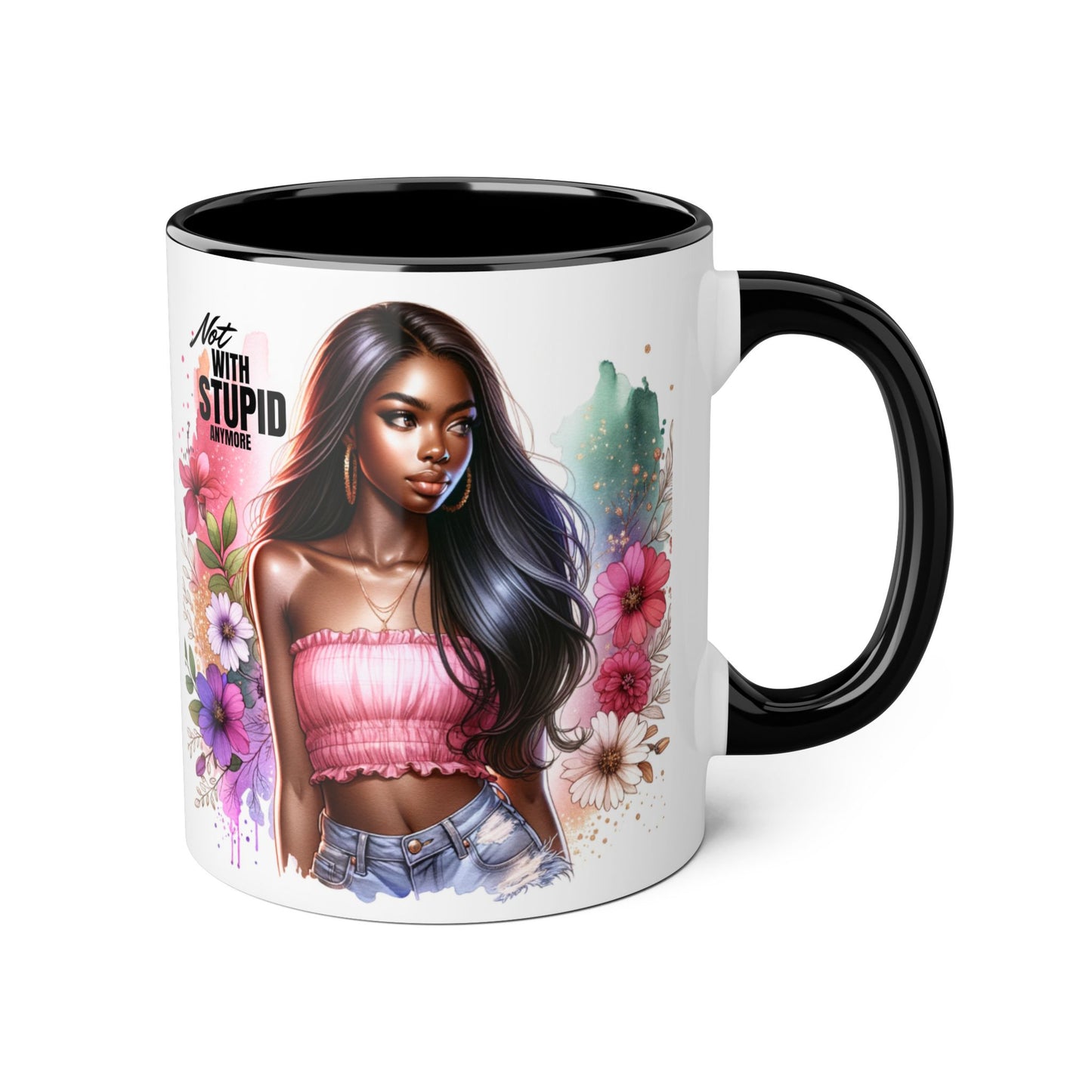 Not With Stupid Anymore Humoristic Bold Floral Accent Mug, Unique Coffee Cup, Gift for Friends, Inspirational Design, Beautiful Mug for Every Occasion