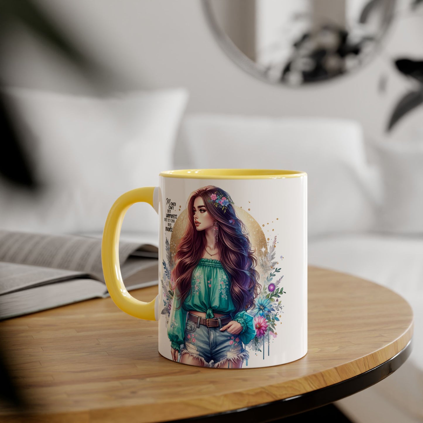 Money Can't Buy Happiness But It Can Buy Divorce Humoristic Inspirational Accent Mug, 11oz Coffee Cup for Boho Lovers, Unique Gift for Women, Flower Art Mug, Home Decor, Birthday Celebration