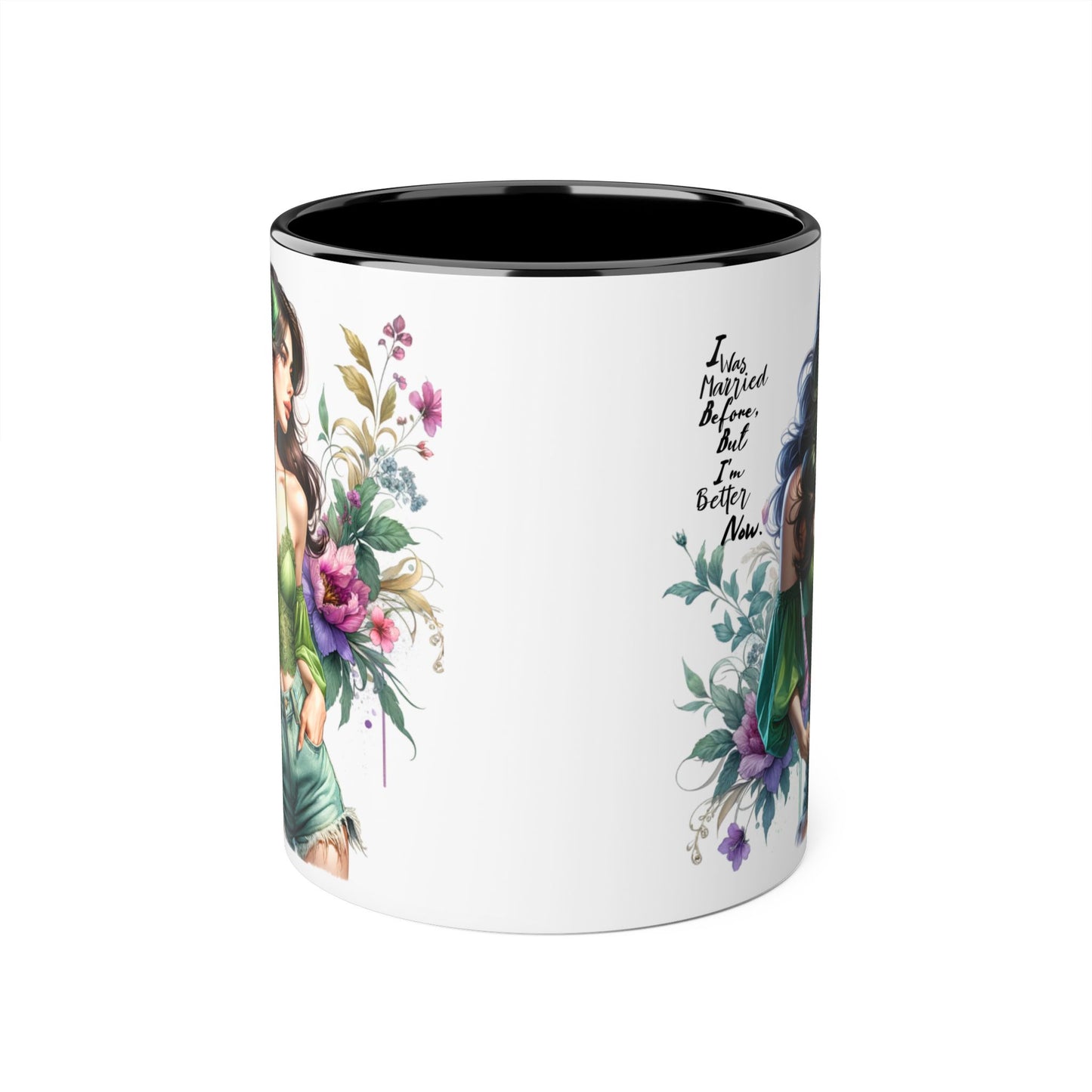 I Was Married Before But I'm Better Now Humoristic Floral Goddess Accent Mug, Inspirational Coffee Cup, Gift for Her, Boho Chic Drinkware, Unique Art Mugs, Home Decor