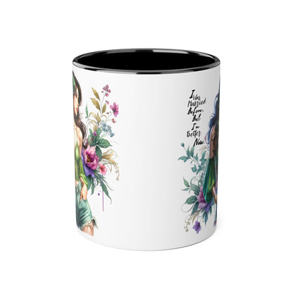 I Was Married Before But I'm Better Now Humoristic Floral Goddess Accent Mug, Inspirational Coffee Cup, Gift for Her, Boho Chic Drinkware, Unique Art Mugs, Home Decor