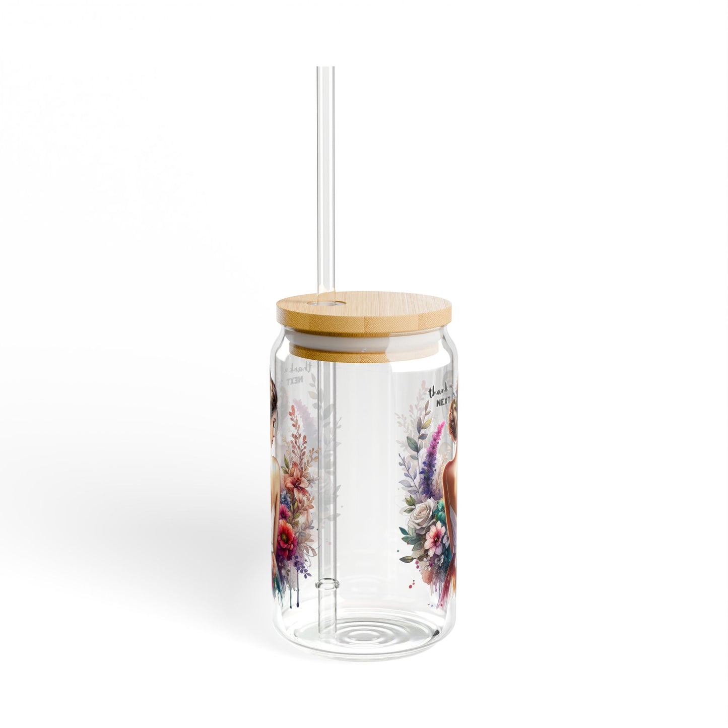 Thank U, Next Elegant Floral Sipper Glass - 16oz, Water Bottle, Gift for Her, Eco-friendly Drinkware, Wedding Favor, Party Decor