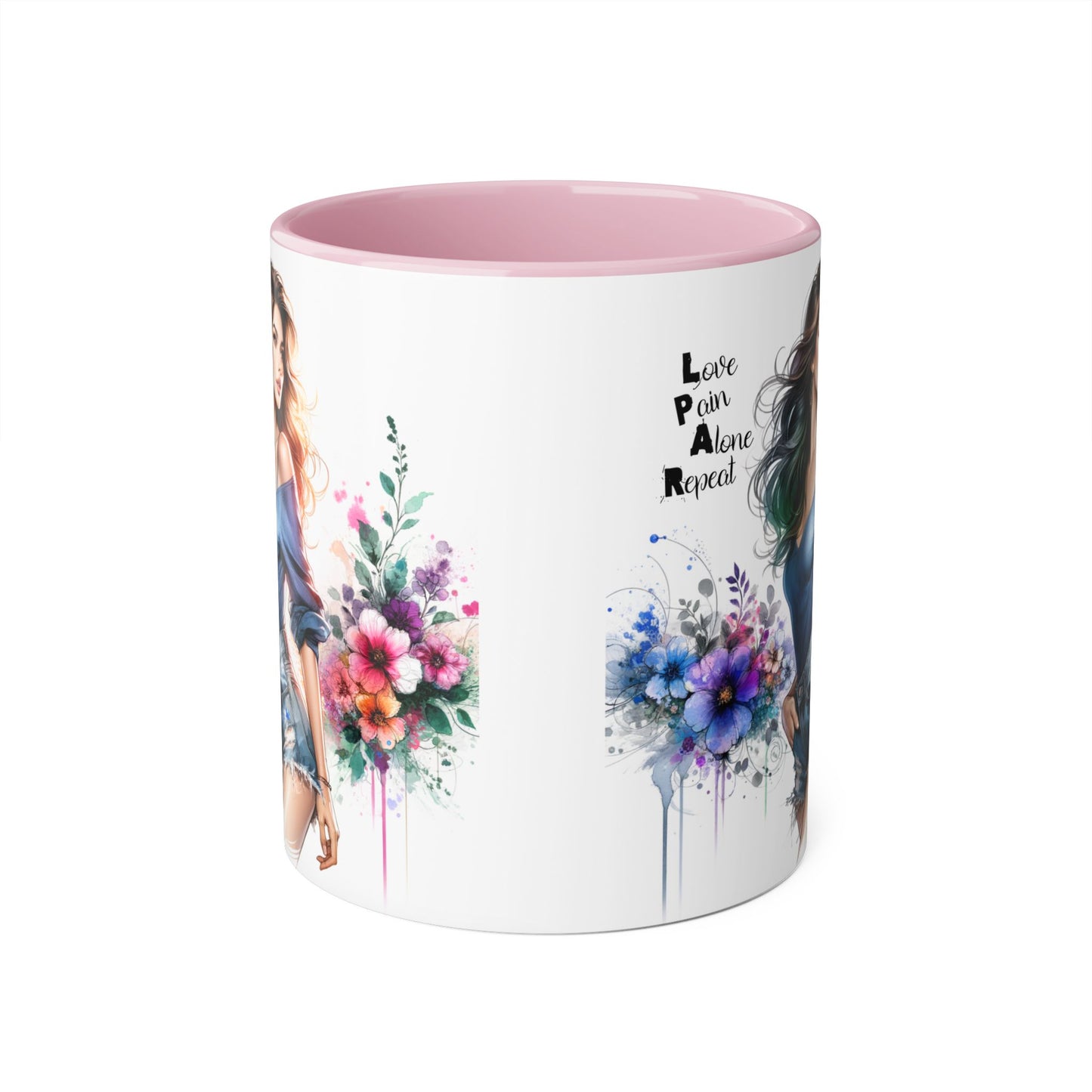 Stylish Accent Mug, Love Pain Alone Repeat Mug, Floral Design Coffee Cup, Gift for Her, Motivational Drinkware