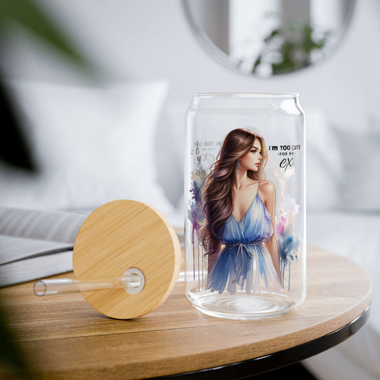 I'm Too Cute For My Ex Stylish Sipper Glass, 16oz - Perfect for Summer Drinks, Eco-Friendly Glass, Gift for Her, Floral Print, Water Bottle, Travel Mug