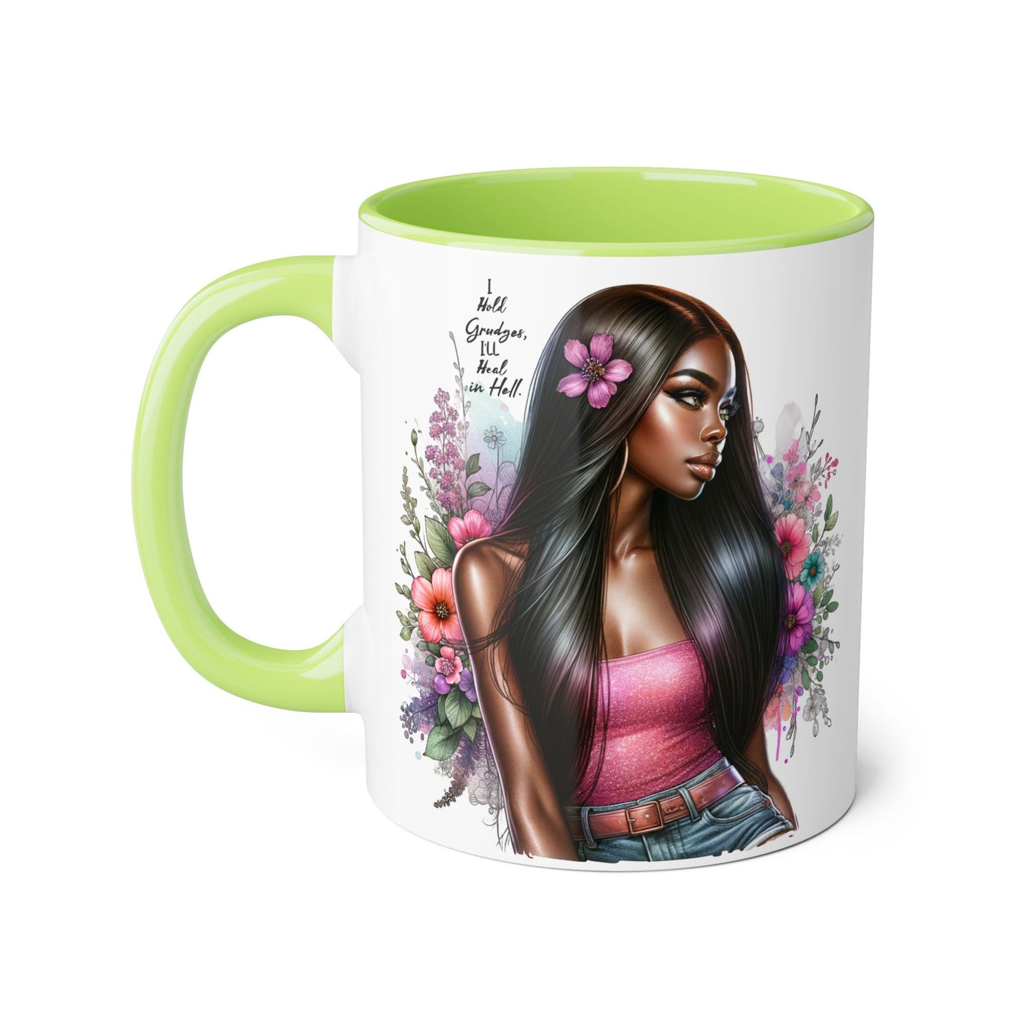 I Hold Grudges, I'll Heal in Hell  Humoristic Floral Portrait Coffee Mug - Perfect Gift for Her, Stylish Home Decor, Inspirational Quote, Unique Tea Cup, Birthday Treat