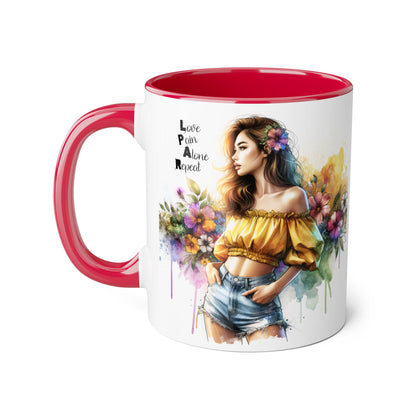 Colorful Floral Accent Mug - Love, Pain, Alone, Repeat Drinkware, Boho Coffee Cup, Gift for Her, Inspirational Mug
