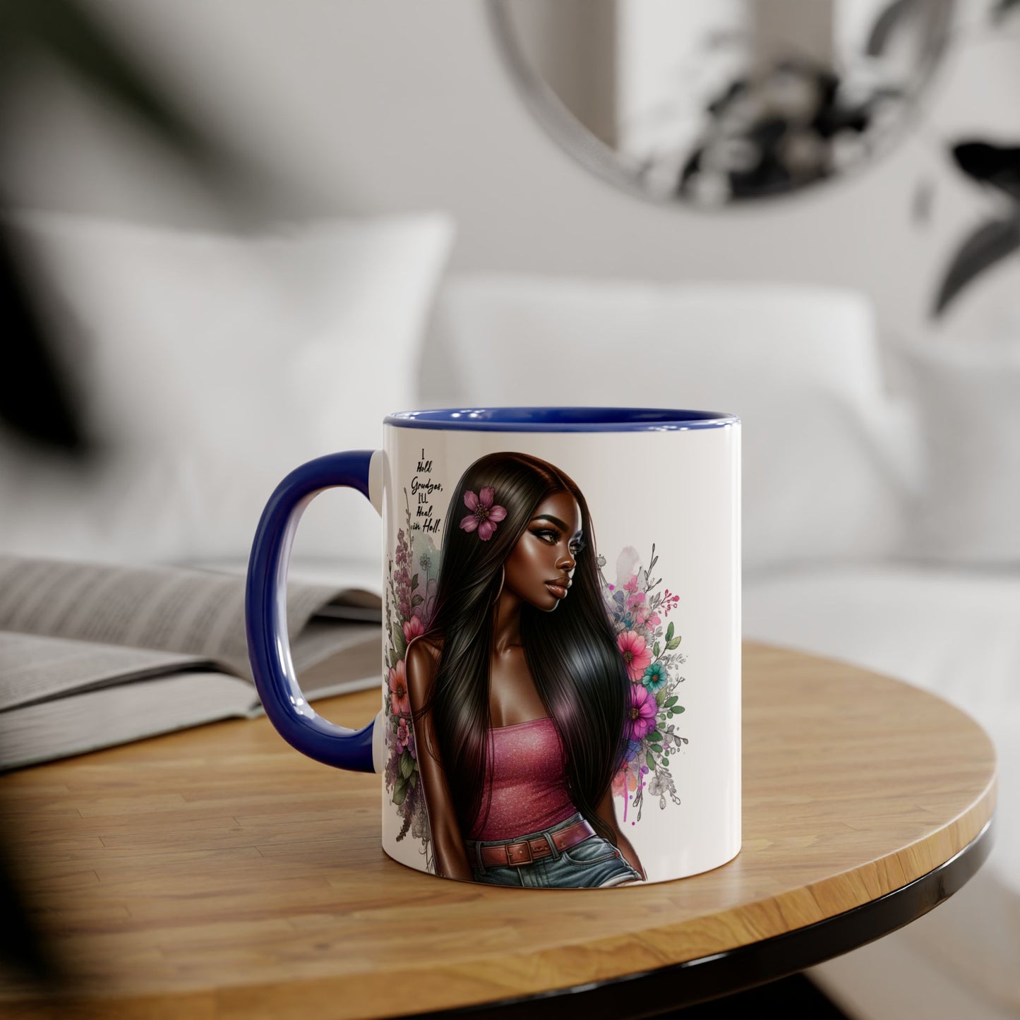 I Hold Grudges, I'll Heal in Hell  Humoristic Floral Portrait Coffee Mug - Perfect Gift for Her, Stylish Home Decor, Inspirational Quote, Unique Tea Cup, Birthday Treat