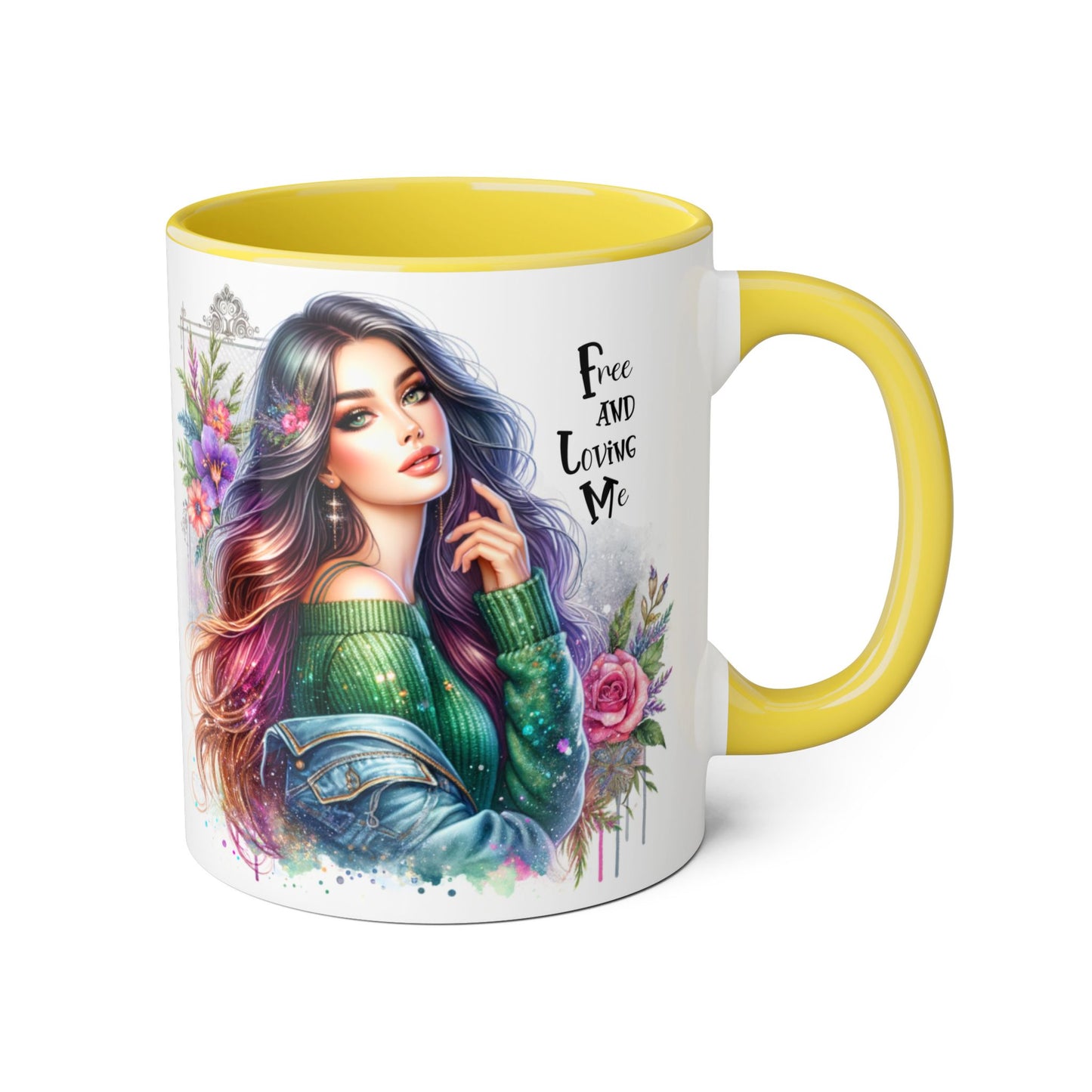 Bohemian Chic Accent Mug, Free and Loving Me 11oz Coffee Cup, Gifts for Her, Artistic Drinkware, Unique Home Decor, Floral Coffee Mug