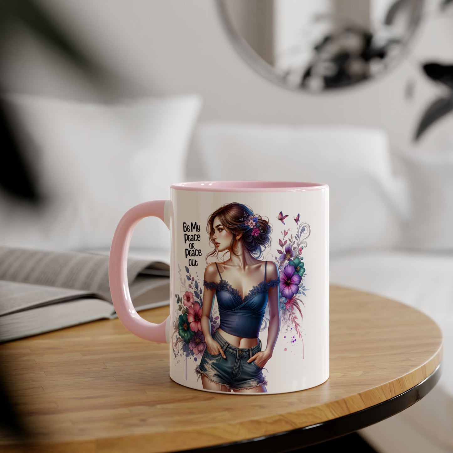 Be My Peace or Peace Out Bohemian Themed Accent Mug, Artist Cup, Unique Gift, Floral Coffee Cup, Inspirational Quote Mug