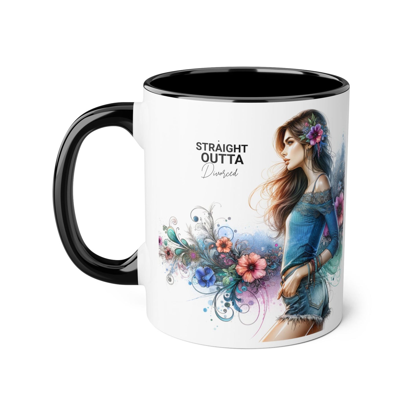 Straight Outta Divorced Humoristic Bohemian Accent Mugs with Floral Art – Trendy Coffee Cup, Gift for Friends, Decor, Home, Birthday, or Celebration