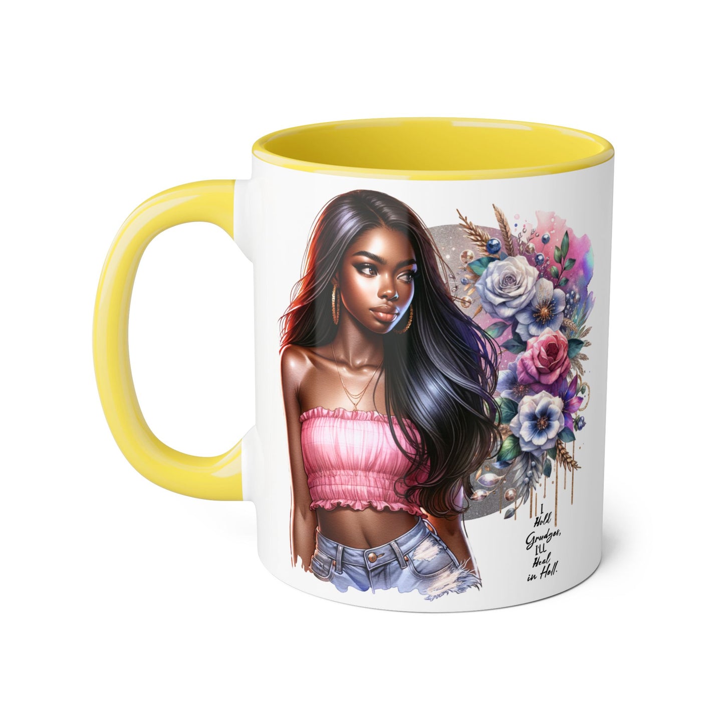 I Hold Grudges, I'll Heal in Hell  Humoristic Bohemian Floral Accent Mug, Stylish Coffee Cup, Ideal for Gifting, Home Decor, Motivational Quote Mug, Perfect for Every Occasion