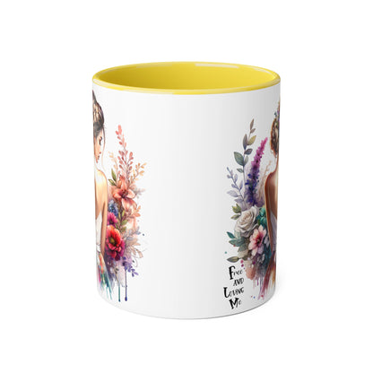 Free and Loving Me Floral Accent Mug, Artistic Coffee Cup, Gift for Mom, Birthday, Mother's Day, Home Decor, Inspirational Mug