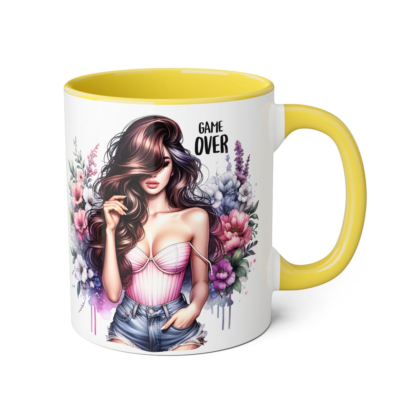 Game Over Floral Accent Mug - 11oz, Coffee Cup for Her, Gift for Gamers, Fun Tea Mug, Unique Kitchen Decor, Women’s Gift Idea