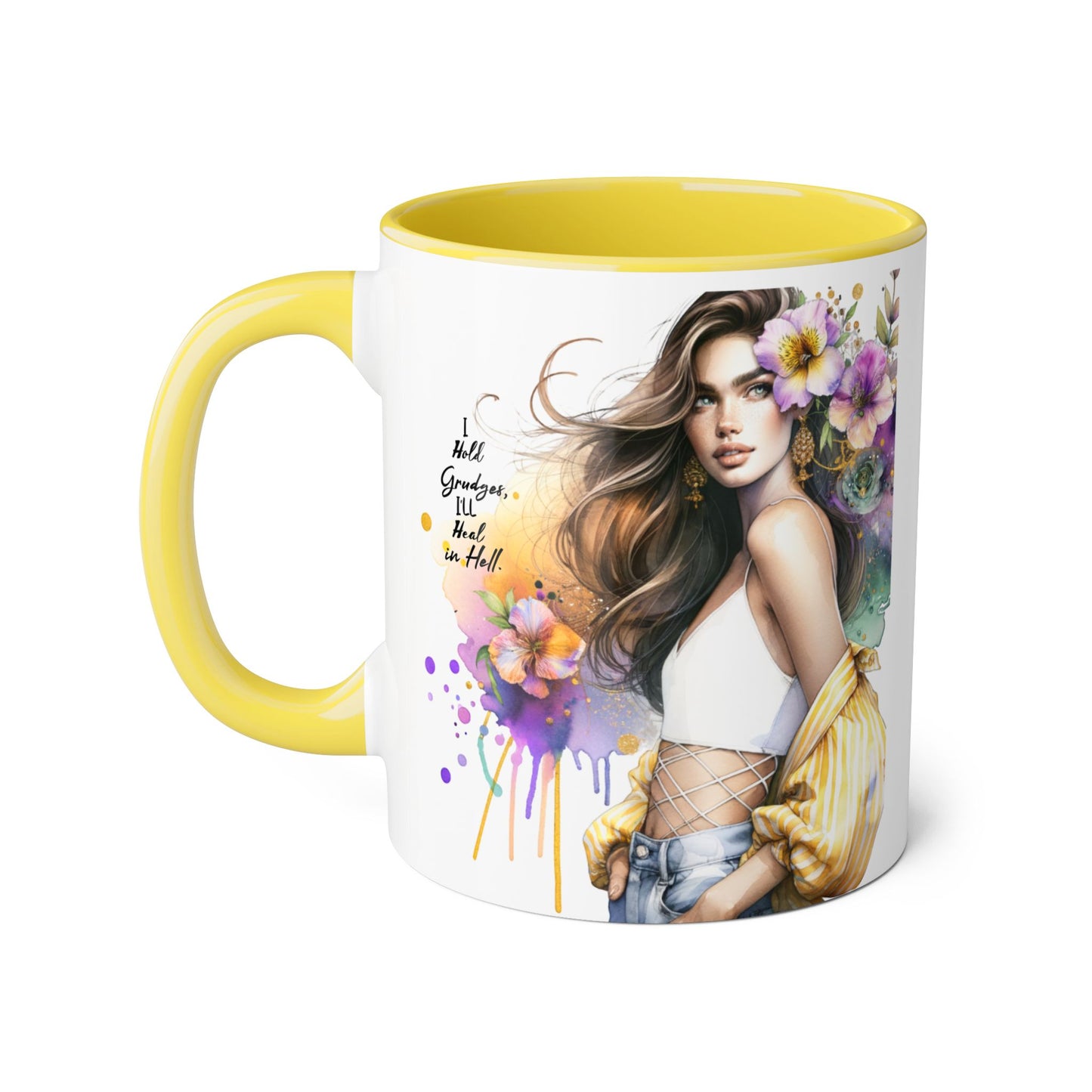 I Hold Grudges, I'll Heal in Hell  Humoristic Elegant Floral Accent Mugs for Coffee Lovers, Inspirational Gift, Home Decor, Unique Art, Perfect for Birthdays, Mother’s Day