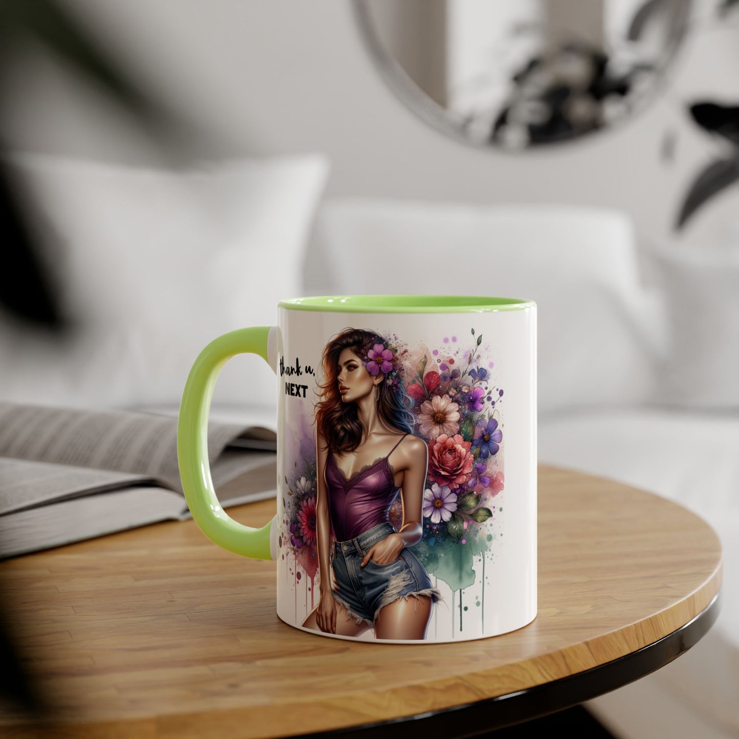 Thank U, Next Floral Accent Coffee Mug with Inspirational Quote, Gift for Her, Tea Mug for Friends, Home Decor, Birthday Present