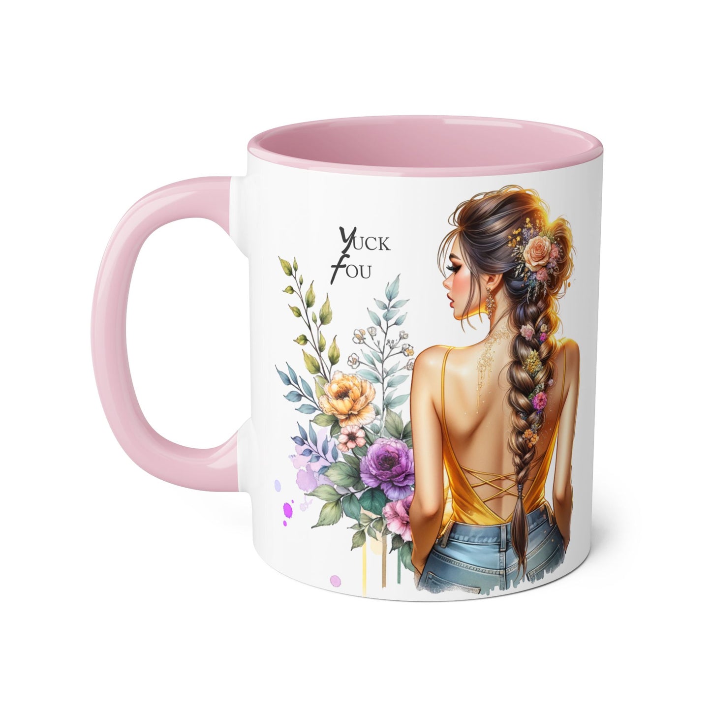 Yuck Fou Stylish Flower Girl Accent Mug, 11oz Coffee Cup, Unique Gift, Home Decor, Floral Mug for Friends, Mothers Day, Inspirational Quotes