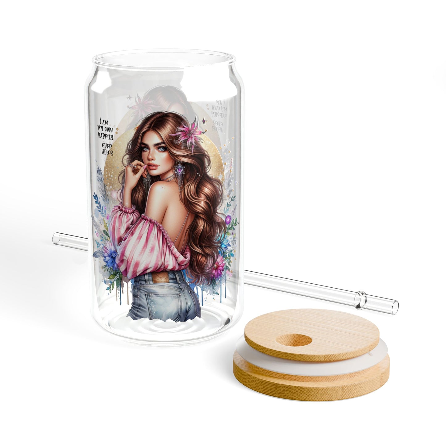 I Am My Own Happily Ever After Artistic Sipper Glass with Straw - 16oz, Personalized Drinkware for Party, Home, Summer, Cute Gift for Her, Floral Design