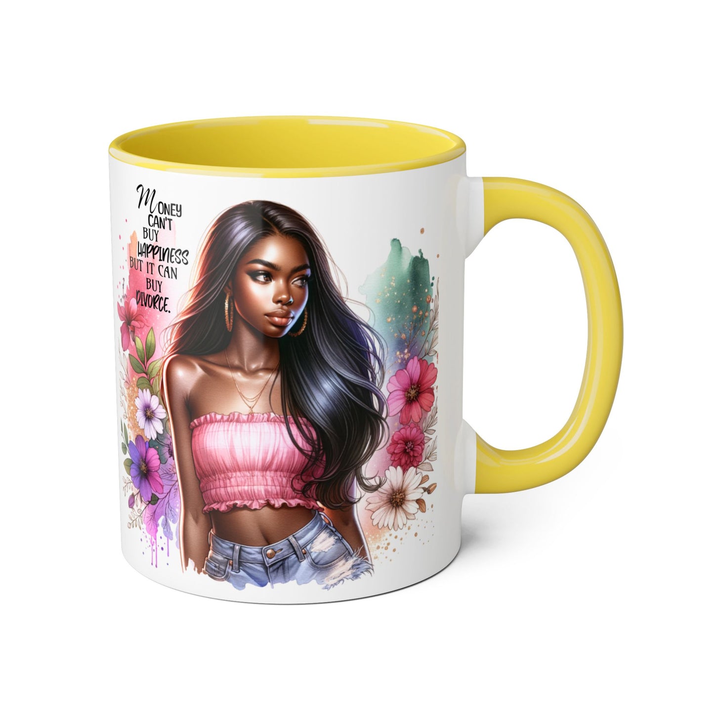 Money Can't Buy Happiness But It Can Buy Divorce Humoristic Empowering Accent Mugs, Motivational Coffee Cup, Inspirational Tea Mug, Unique Gift for Her, Artistic Floral Mug