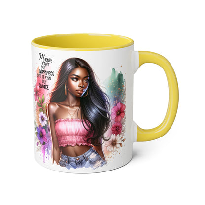 Money Can't Buy Happiness But It Can Buy Divorce Humoristic Empowering Accent Mugs, Motivational Coffee Cup, Inspirational Tea Mug, Unique Gift for Her, Artistic Floral Mug
