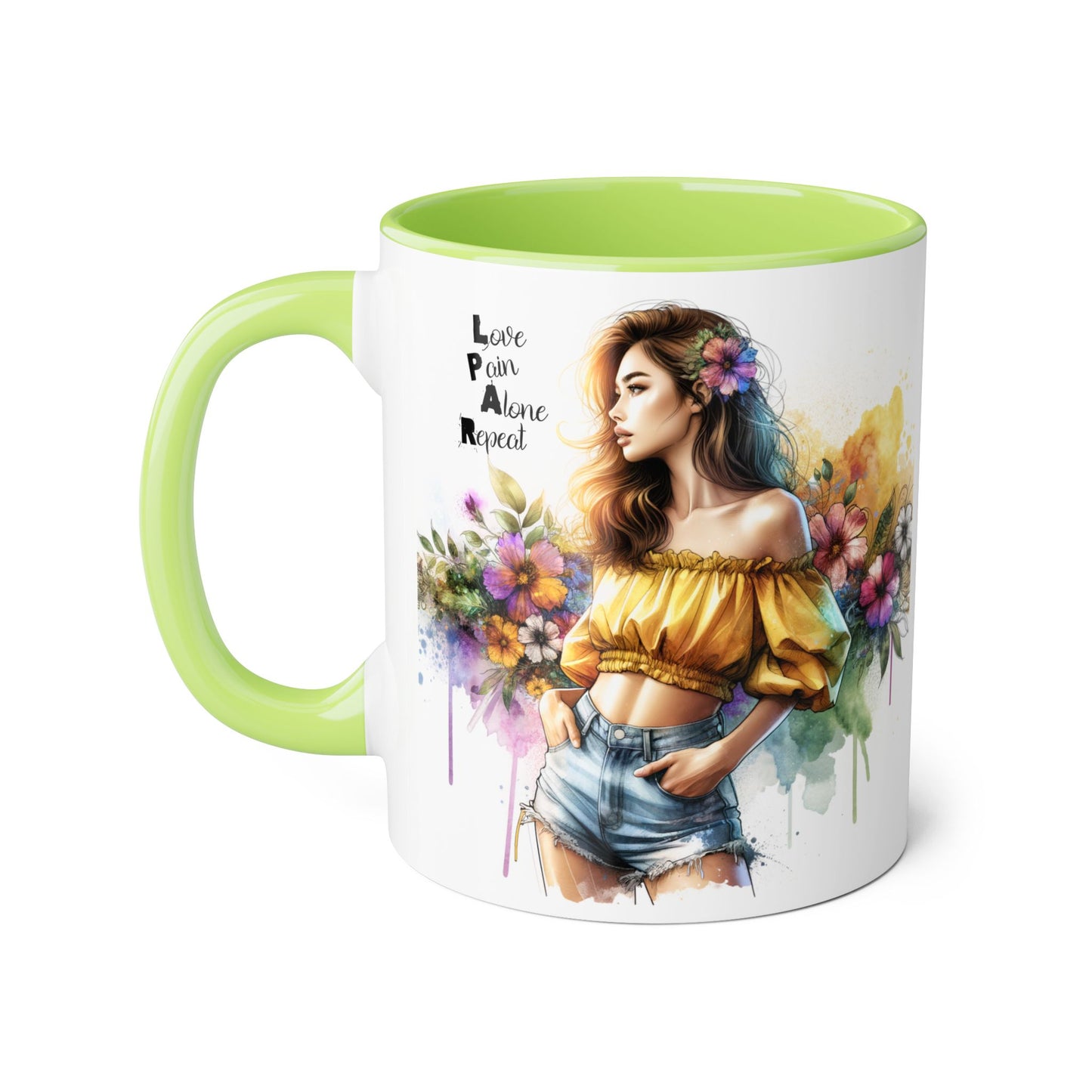 Colorful Floral Accent Mug - Love, Pain, Alone, Repeat Drinkware, Boho Coffee Cup, Gift for Her, Inspirational Mug